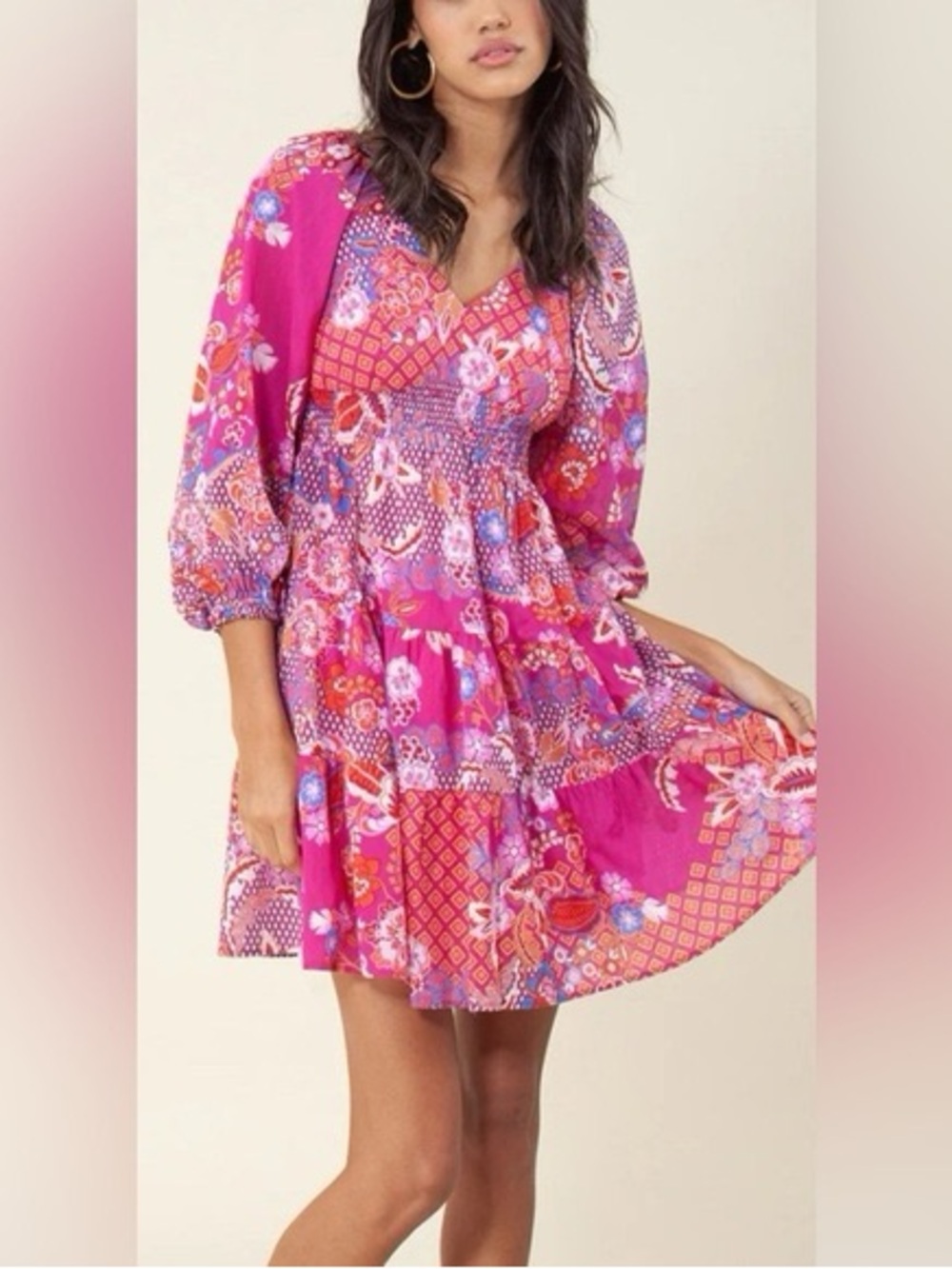 Hale Bob Pink Floral Patchwork V-Neck Tiered Mini Dress